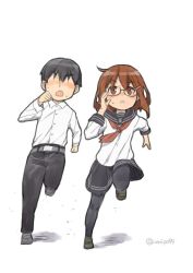 Rule 34 | 1boy, 1girl, anchor symbol, bespectacled, black pantyhose, black sailor collar, black skirt, brown eyes, brown hair, commentary request, faceless, faceless male, full body, glasses, hair ornament, hairclip, harukaze unipo, ikazuchi (kancolle), kantai collection, long sleeves, neckerchief, pantyhose, parted lips, pleated skirt, red neckerchief, running, sailor collar, school uniform, serafuku, shirt, short hair, simple background, skirt, white background, white shirt