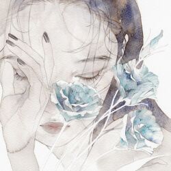 Rule 34 | 1girl, bare shoulders, black hair, black nails, blue flower, close-up, closed eyes, closed mouth, fingernails, flower, highres, nail polish, original, painting (medium), portrait, signature, simple background, solo, traditional media, watercolor (medium), white background, yue (memento1113)