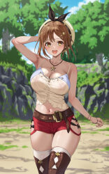 Rule 34 | 1girl, absurdres, atelier (series), atelier ryza, atelier ryza 1, blush, breasts, brown eyes, brown hair, cleavage, commission, covered erect nipples, fuooooo, hair ornament, hairclip, hat, highres, jewelry, large breasts, looking at viewer, navel, necklace, nipples, open mouth, red shorts, reisalin stout, see-through, shirt, short hair, short shorts, shorts, skeb commission, smile, solo, thick thighs, thighhighs, thighs, wet, wet clothes, wet shirt, white hat
