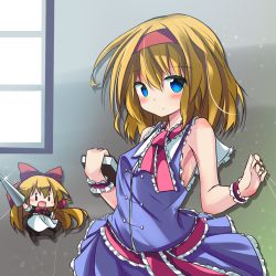 Rule 34 | 1girl, :d, adapted costume, alice margatroid, apron, arm up, armpits, bare arms, bare shoulders, black dress, blonde hair, blue dress, blush, book, bow, commentary request, dress, glint, gradient background, hair between eyes, hair bow, hairband, highres, holding, holding book, indoors, jewelry, lance, long hair, looking at viewer, neck ribbon, open mouth, polearm, puppet rings, puppet strings, ribbon, ring, ryogo, sash, shanghai doll, short hair, sleeveless, sleeveless dress, smile, solo, touhou, upper body, waist apron, weapon, window, wrist cuffs, | |