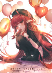 Rule 34 | 1girl, 2022, arknights, balloon, beret, black footwear, black hat, black jacket, black nails, black thighhighs, boots, closed mouth, commentary request, demon horns, full body, happy valentine, hat, hemorina, highres, holding, horns, jacket, knees up, long hair, nail polish, pointy ears, red eyes, red hair, short sleeves, smile, solo, squatting, thighhighs, valentine, very long hair, vigna (arknights)