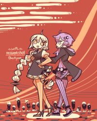 Rule 34 | 2girls, acorn, alternate eye color, animate object, anklet, behind another, black dress, black jacket, bracelet, braid, closed mouth, collared shirt, commentary request, commission, commissioner name, creature, dress, elbow gloves, fingerless gloves, flats, full body, gloves, hair ornament, hands on another&#039;s waist, hands on own hips, high heels, hood, hood down, hoodie, jacket, jewelry, kizuna akari, long hair, long sleeves, looking at another, looking back, low twin braids, multiple girls, my11gum, no jacket, open clothes, open hoodie, open mouth, orange eyes, orange gloves, orange pantyhose, pantyhose, pinafore dress, puffy short sleeves, puffy sleeves, purple dress, purple eyes, purple hair, purple thighhighs, red background, shirt, short dress, short hair with long locks, short sleeves, sidelocks, skeb commission, sleeveless, sleeveless dress, smile, thighhighs, twin braids, twitter username, vocaloid, voiceroid, walking, white hair, yuzuki yukari