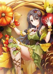 Rule 34 | 1girl, absurdres, apple, arms up, artist name, autumn leaves, bare shoulders, berry, blackberry (fruit), blurry, blurry background, blurry foreground, breasts, brown eyes, brown ribbon, closed mouth, clothing cutout, collarbone, commentary request, cranberry, cross-laced clothes, depth of field, detached sleeves, dress, dress flower, feet out of frame, fingernails, floral print, flower, food, frilled sleeves, frilled socks, frills, fruit, green dress, grey hair, hair between eyes, hair flower, hair ornament, halterneck, highres, idolmaster, idolmaster million live!, idolmaster million live! theater days, jewelry, kneehighs, layered dress, leaf, leaf hair ornament, leg cutout, leg ribbon, light blush, light particles, long hair, looking at viewer, medium breasts, mikapoe, necklace, no eyewear, oversized food, oversized object, parted bangs, pinecone, print dress, pumpkin, ribbon, short sleeves, signature, sitting, sleeveless, sleeveless dress, smile, socks, solo, takayama sayoko, wavy hair, white flower, white socks, wrist cuffs