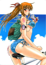 Rule 34 | 1girl, ass, backpack, bag, bicycle, bikini, blush, digital media player, highres, ipod, ponytail, product placement, randoseru, solo, swimsuit