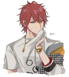Rule 34 | 1boy, amagi rinne, bracelet, commentary request, covered mouth, ensemble stars!, green eyes, hand up, hexagon, hexagon print, highres, jacket, jacket partially removed, jewelry, long sleeves, looking at viewer, male focus, necklace, red hair, shirt, short hair, short sleeves, shu (oshigoto boshuuchuu), simple background, solo, t-shirt, translation request, upper body, white background