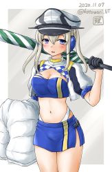 Rule 34 | 1girl, artist logo, bandeau, black gloves, blonde hair, blue bandeau, blue skirt, commentary request, cosplay, cropped jacket, dated, gloves, gotland (kancolle), gotland (kancolle) (cosplay), graf zeppelin (kancolle), grey eyes, hair between eyes, half gloves, highres, jacket, kantai collection, kotowari (newtype kenkyuujo), long hair, looking at viewer, midriff, navel, one-hour drawing challenge, race queen, shrug (clothing), sidelocks, skirt, solo, twintails, twitter username, umbrella, white background, white jacket