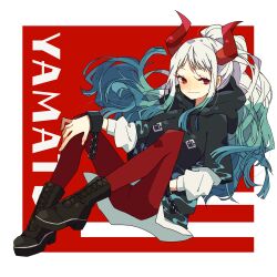 Rule 34 | 1girl, blue hair, blunt ends, boots, earrings, green hair, highres, hood, hoodie, horns, jewelry, multicolored hair, noise pp, one piece, pants, ponytail, red background, red eyes, red horns, red pants, sidelocks, sitting, smile, solo, white hair, yamato (one piece)