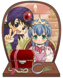 Rule 34 | 1boy, 1girl, :d, blue hair, blush, bow, brown eyes, brown hair, cape, child, comb, demerin, dragon quest, dragon quest v, flora (dq5), green eyes, hero (dq5), jewelry, mirror, necklace, open mouth, pearl necklace, ring, short hair, smile, tiara, turban, v, aged down