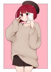 Rule 34 | 1girl, arima kana, beret, black hat, black skirt, blush, brown sweater, cellphone, closed mouth, hands up, hat, highres, holding, holding phone, i.u.y, long sleeves, looking at viewer, oshi no ko, phone, pinching sleeves, pink background, pleated skirt, puffy long sleeves, puffy sleeves, red eyes, red hair, short hair, skirt, sleeves past wrists, solo, standing, sweater, two-tone background, v, white background