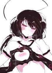 Rule 34 | 1girl, ahoge, bags under eyes, bandaid, bandaid on face, bandaids on nipples, black sclera, blush, breasts, colored sclera, female focus, heart, heart-shaped boob challenge, heart hands, highres, karasu raven, low twintails, original, pasties, see-through, skin tight, small breasts, solo, spot color, sweat, twintails