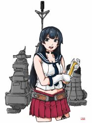 Rule 34 | agano (kancolle), belt, black hair, blue sailor collar, breasts, cleavage, gloves, highres, kantai collection, large breasts, long hair, machinery, midriff, open mouth, pleated skirt, red skirt, rigging, sailor collar, school uniform, serafuku, skirt, smokestack, solo, sweat, sweatdrop, throat microphone, tsukigime, white gloves