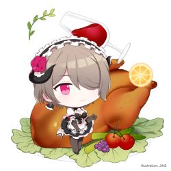 Rule 34 | 1girl, alcohol, apron, black gloves, black thighhighs, breasts, brown hair, chibi, chicken (food), cleavage, closed mouth, cup, drinking glass, food, fruit, full body, gloves, hair over one eye, honkai (series), honkai impact 3rd, jin2, lemon, lemon slice, looking at viewer, maid, maid apron, maid headdress, plate, purple eyes, rita rossweisse, rita rossweisse (umbral rose), short hair, simple background, smile, solo, thighhighs, white background, wine, wine glass