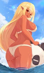 Rule 34 | 1girl, :d, ass, bare arms, bare shoulders, bikini, blonde hair, blue sky, breasts, dark-skinned female, dark skin, elf, hair down, highres, hololive, kintsuba (shiranui flare), large breasts, long hair, looking at viewer, multicolored hair, ocean, open mouth, orange eyes, pointy ears, shiranui flare, sideboob, sino (oyasumi hf), sky, smile, solo, streaked hair, swimsuit, thick thighs, thigh strap, thighs, virtual youtuber, wading, white bikini