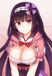 Rule 34 | 1girl, black hair, breasts, cai geng, cleavage, fate/grand order, fate (series), hairband, highres, large breasts, long hair, looking at viewer, osakabehime (fate), purple eyes, smile, solo