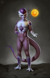 Rule 34 | 1boy, absurdres, arm behind back, astor alexander, dragon ball, dragon ball (object), dragonball z, frieza, full body, highres, horns, male focus, red eyes, smile, solo, tail, watermark