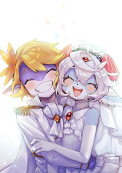 Rule 34 | 1boy, 1girl, :d, ahoge, arms around waist, ascot, backlighting, blonde hair, blush, bridal veil, brooch, cape, cat girl, closed eyes, couple, dragon boy, dress, elbow gloves, formal, furry, furry female, furry with furry, gloves, grin, happy, hetero, high collar, highres, hug, interspecies, jewelry, open mouth, original, sleeveless, sleeveless dress, smile, suit, veil, wedding, wedding dress, white cape, white gloves, white hair, white neckwear, white suit, yadayada
