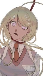 Rule 34 | 1girl, ahoge, akamatsu kaede, backpack, bag, blonde hair, breasts, collared shirt, commentary request, danganronpa (series), danganronpa v3: killing harmony, fortissimo, grey eyes, hair ornament, highres, imminent death, large breasts, long hair, long sleeves, looking at viewer, musical note, musical note hair ornament, necktie, open mouth, pink vest, randoseru, rope, sema (vivaviva 02), shirt, simple background, smile, solo, sweater vest, upper body, vest, white background, white shirt
