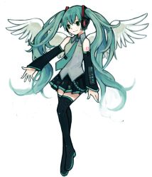 Rule 34 | 1girl, bad id, bad pixiv id, boots, detached sleeves, green eyes, green hair, hatsune miku, headset, highres, long hair, matching hair/eyes, necktie, simple background, skirt, smile, solo, thigh boots, thighhighs, twintails, very long hair, vocaloid, watatsumi, white background, wings