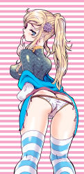 Rule 34 | 00s, 1girl, ass, back, blonde hair, blue eyes, blue mage, breasts, earrings, female focus, final fantasy, final fantasy xi, finger to mouth, flower, from behind, hair flower, hair ornament, hume, jewelry, long hair, looking back, lowleg, lowleg panties, nareema, oxoxox, panties, perky breasts, ponytail, solo, striped clothes, striped thighhighs, thighhighs, underwear, white panties