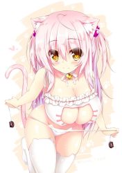Rule 34 | 1girl, ahoge, animal ear legwear, animal ears, bell, blush, breasts, cat cutout, cat ear legwear, cat ear panties, cat ears, cat lingerie, cat tail, choker, cleavage, cleavage cutout, clothing cutout, hair bobbles, hair ornament, jingle bell, large breasts, long hair, meme attire, neck bell, original, panties, panty pull, pink hair, shia flatpaddy, side-tie panties, simple background, smile, solo, syroh, tail, thighhighs, two side up, underwear, white panties, white thighhighs, yellow eyes