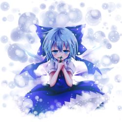 Rule 34 | 1girl, bad id, bad pixiv id, blue dress, blue eyes, blue hair, bow, cirno, commentary request, dress, flower, hair bow, ice, ice wings, kuroyume (dark495), looking at viewer, matching hair/eyes, puffy short sleeves, puffy sleeves, shirt, short sleeves, smelling flower, snowdrop (flower), snowing, solo, touhou, wings
