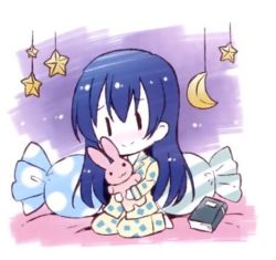 Rule 34 | 1girl, artist name, artist request, blue hair, blush, book, boots, breasts, candy, chibi, collared shirt, crescent moon symbol, female focus, food, full body, hair between eyes, holding, holding stuffed toy, long hair, looking at viewer, love live!, love live! school idol project, lowres, pajamas, parted lips, polka dot, polka dot pajamas, shirt, sitting, smile, solo, sonoda umi, star (symbol), stuffed animal, stuffed rabbit, stuffed toy, yellow eyes