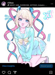 Rule 34 | 1girl, :d, arm support, artist name, blonde hair, blue eyes, blue footwear, blue hair, blue shirt, blue skirt, blush, bow, chouzetsusaikawa tenshi-chan, commentary, copyright name, fake phone screenshot, fake screenshot, glitch, heart, highres, kat (vl3kat), long hair, long sleeves, looking at viewer, multicolored hair, needy girl overdose, open mouth, pink hair, pleated skirt, quad tails, sailor collar, school uniform, serafuku, shirt, shoes, skirt, smile, solo, song name, symbol-only commentary, through medium, through screen, twintails, very long hair, yellow bow