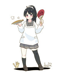 Rule 34 | 1girl, absurdres, apron, asymmetrical legwear, black hair, cat, commentary request, dated, fish (food), grilled fish, hand fan, high ponytail, highres, holding, holding fan, inica, isokaze (kancolle), kantai collection, kappougi, loafers, looking at viewer, paper fan, ponytail, red eyes, shoes, skirt, standing, uchiwa, uneven legwear, white background