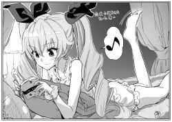 Rule 34 | 10s, 1girl, anchovy (girls und panzer), ass, barefoot, book, curtains, drill hair, feet, girls und panzer, greyscale, hair ribbon, highres, kawakami rokkaku, leg up, long hair, lying, monochrome, musical note, on bed, on stomach, open book, pajamas, pillow, quaver, reading, ribbon, smile, solo, spoken musical note, twin drills
