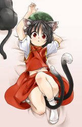 Rule 34 | 1girl, :&lt;, animal ears, arm behind head, arm up, black hair, bobby socks, cat, cat ears, cat tail, chen, earrings, female focus, fenne, from above, hat, jewelry, legs, looking at viewer, lying, midriff, multiple tails, navel, on back, phenne, short hair, skirt, skirt set, socks, solo, tail, tareme, touhou, white socks, wide-eyed