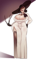 Rule 34 | 1girl, absurdres, alcina dimitrescu, ass, black gloves, black hair, breasts, capcom, cherbit, cleavage, collar, gloves, hat, highres, huge ass, huge breasts, jewelry, looking at viewer, medium hair, mature female, pale skin, resident evil, resident evil village, robe, smile, solo, sun hat, thick thighs, thighhighs, thighs, vampire, white robe, wide hips, yellow eyes