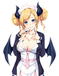 Rule 34 | 1girl, bat tattoo, black jacket, blonde hair, blue eyes, blush, breast tattoo, breasts, cleavage, closed mouth, collarbone, commentary, demon horns, demon wings, double bun, finger to mouth, grin, hair bun, hand on own chest, hat, head tilt, hololive, horns, index finger raised, jacket, kosuke (bb), large breasts, long sleeves, looking at viewer, medium hair, necktie, nurse cap, official alternate costume, open clothes, open jacket, parted bangs, pink necktie, pointy ears, shirt, simple background, smile, solo, tattoo, upper body, virtual youtuber, white background, white hat, white shirt, wings, yuzuki choco, yuzuki choco (nurse)
