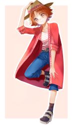 Rule 34 | 1girl, absurdres, arm up, belt, belt buckle, black socks, blue pants, border, brown eyes, brown hair, brown hat, buckle, closed mouth, collarbone, denim, full body, grey belt, hat, hat ribbon, highres, looking at viewer, natsuki rin, outline, pants, pink background, polka dot, polka dot ribbon, precure, red ribbon, ribbon, shirt, short hair, smile, socks, solo, standing, standing on one leg, straw hat, striped clothes, striped shirt, sun hat, white border, yes! precure 5, yuutarou (fukiiincho)