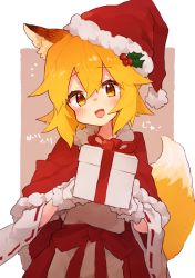 Rule 34 | 1girl, :d, adapted costume, animal ears, blush, box, capelet, commentary, fox ears, fox tail, fur-trimmed capelet, fur-trimmed gloves, fur-trimmed headwear, fur trim, gift, gift box, gloves, hair between eyes, hair ornament, hat, holding, holding gift, holly hair ornament, looking at viewer, open mouth, orange eyes, orange hair, red capelet, red ribbon, ribbon, rimukoro, santa hat, sash, senko (sewayaki kitsune no senko-san), sewayaki kitsune no senko-san, smile, solo, standing, symbol-only commentary, tail, translated, upper body, white gloves