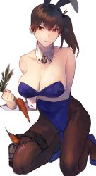 Rule 34 | 1girl, anchor collar, animal ears, arm under breasts, bad id, bad twitter id, bare shoulders, black pantyhose, blue footwear, blue leotard, breasts, brown eyes, brown hair, carrot, cleavage, closed mouth, collarbone, commentary request, detached collar, fake animal ears, food, fukazaki, hair between eyes, highres, holding, holding food, kaga (kancolle), kantai collection, large breasts, leotard, pantyhose, playboy bunny, pouch, rabbit ears, side ponytail, sitting, thigh pouch, thigh strap, wrist cuffs