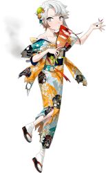Rule 34 | 1girl, akishimo (kancolle), asymmetrical hair, brown hair, fujikawa, full body, gradient hair, hagoita, hair ornament, hane (hanetsuki), hanetsuki, japanese clothes, kantai collection, kimono, leaf hair ornament, looking at viewer, multicolored clothes, multicolored hair, multicolored kimono, obi, official art, paddle, sandals, sash, short hair, short hair with long locks, simple background, socks, solo, tabi, third-party source, torn clothes, torpedo, transparent background, white background, white socks, zouri