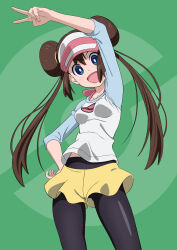 Rule 34 | 1girl, :d, aqua eyes, arm up, black pantyhose, bow, breasts, bright pupils, brown hair, commentary request, creatures (company), double bun, doughnut hair bun, eyelashes, game freak, gensei00, green background, hair bun, hand on own hip, highres, looking at viewer, medium breasts, nintendo, open mouth, pantyhose, pantyhose under shorts, pink bow, pokemon, pokemon bw2, raglan sleeves, rosa (pokemon), short shorts, shorts, smile, solo, twintails, v, visor cap, white pupils, yellow shorts