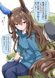 Rule 34 | 1girl, admire vega (umamusume), alternate costume, alternate hairstyle, animal ears, breasts, casual, couch, hair brush, hair down, hair ornament, horse ears, horse girl, horse tail, jewelry, long hair, medium breasts, necklace, nodachi (artist), pants, pov, purple eyes, sitting, solo, tail, umamusume, white background
