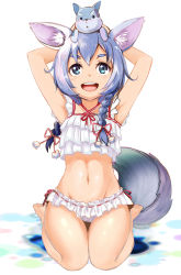 Rule 34 | 1girl, :d, animal ears, armpits, bikini, blue eyes, blue hair, braid, character request, copyright request, eyebrows, frilled bikini, frills, koyomi (shironeko project), long hair, matching hair/eyes, open mouth, rods, sitting, smile, solo, swimsuit, tail, twin braids, wariza, white background