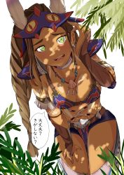 Rule 34 | 1girl, absurdres, arm tattoo, armlet, braid, braided ponytail, bridal gauntlets, green eyes, highres, jewelry, jiejeat, kayna (monster hunter), leaning forward, long braid, mask, mask on head, monster hunter (series), monster hunter stories 2, neck ring, necklace, shell, shell necklace, solo, speech bubble, stomach tattoo, tan, tattoo, thighs, translation request, tribal tattoo