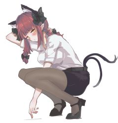 Rule 34 | 1girl, :/, alternate costume, alternate eye color, animal ear fluff, animal ears, arm up, black bow, black skirt, blunt bangs, blush, bow, braid, breasts, brown pantyhose, cat ears, cat tail, extra ears, full body, hair bow, hair ribbon, kaenbyou rin, medium breasts, multiple tails, nekomata, pantyhose, pointy ears, red hair, ribbon, rnyj (mnun7448), shirt, simple background, skirt, sleeves past elbows, slit pupils, solo, squatting, tail, touhou, tress ribbon, twin braids, twintails, two tails, white background, white shirt, yellow eyes