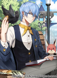 Rule 34 | 1boy, bad id, bad pixiv id, bench, bird, blazer, blue eyes, blue hair, blue vest, book, buttons, carchet, closed mouth, cloud, commentary request, copyright name, day, food, glasses, holding, holding book, holding food, jacket, lamppost, looking at viewer, male focus, open book, original, outdoors, shirt, short hair, sid story, sitting, sky, solo, table, tree, vest, white shirt, wings, yellow neckwear