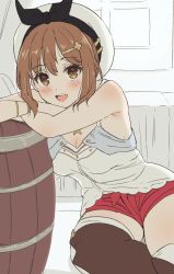 Rule 34 | 1girl, :d, atelier (series), atelier ryza, atelier ryza 1, barrel, black bow, blush, bow, breasts, bright pupils, brown eyes, brown hair, brown thighhighs, cleavage, crossed arms, hair ornament, hairclip, hat, highres, large breasts, looking at viewer, monochrome background, open mouth, red shorts, reisalin stout, sailor hat, short shorts, shorts, sincos, sitting, smile, solo, tecmo, thighhighs, unfinished, sketch background, white pupils
