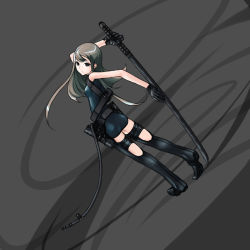 Rule 34 | 1girl, back, belt, belt pouch, black eyes, black gloves, blonde hair, boots, breasts, chaps, dutch angle, duto, from behind, full body, gloves, grey background, holding, holding sword, holding weapon, kazuoki, legs apart, long hair, looking back, original, pouch, sleeveless, small breasts, solo, standing, string, sword, thigh strap, unitard, very long hair, weapon