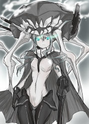 Rule 34 | 10s, 1girl, abyssal ship, aqua eyes, black gloves, bodysuit, cannon, cape, gloves, glowing, glowing eyes, highres, kantai collection, monster, pale skin, personification, silver hair, solo, staff, tenzen miyabi, wo-class aircraft carrier