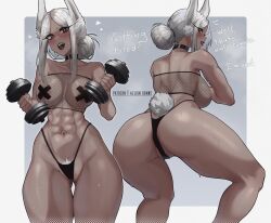 Rule 34 | 1girl, abs, aelion draws, animal ears, ass, back, bare arms, bare shoulders, black choker, black eyeliner, black lips, black panties, blush, boku no hero academia, border, breasts, butt crack, choker, commentary, cross pasties, dark-skinned female, dark skin, dumbbell, english commentary, english text, exercising, eyeliner, female pubic hair, fishnet top, fishnets, from behind, grey background, hair bun, highleg, highleg panties, highres, holding, large breasts, lipstick, long eyelashes, long hair, looking at viewer, makeup, mirko, multiple views, muscular, muscular female, narrow waist, navel, open mouth, panties, parted bangs, parted lips, pasties, pubic hair, pubic hair peek, rabbit ears, rabbit girl, rabbit tail, red eyes, single hair bun, squatting, steaming body, stomach, strapless, sweat, tail, teeth, thick thighs, thigh gap, thighs, thong, tube top, underwear, upper teeth only, white border, white hair, white pubic hair