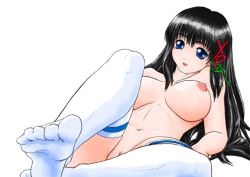 Rule 34 | 1girl, :d, black hair, blue eyes, breasts, collarbone, hair ornament, hairpin, huge breasts, large breasts, long hair, looking at viewer, lying, navel, nipples, nude, open mouth, os-tan, puffy nipples, pussy, pussy peek, smile, solo, stomach, thighhighs, toes, uncensored, white thighhighs, xp-tan