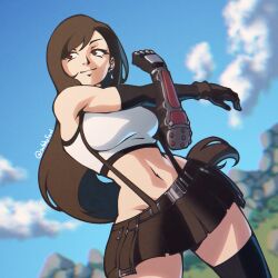 Rule 34 | 1girl, absurdres, artist name, bare shoulders, black gloves, black skirt, black thighhighs, blue sky, blurry, blurry background, breasts, brown hair, closed mouth, cloud, contrapposto, cowboy shot, crop top, day, dutch angle, earrings, elbow gloves, final fantasy, final fantasy vii, final fantasy vii remake, gloves, grass, highres, jewelry, legs apart, long hair, looking ahead, medium breasts, midriff, miniskirt, mountain, nature, navel, nose, outdoors, red eyes, skirt, sky, smile, solo, stretching, subbyfool, suspenders, swept bangs, tank top, thighhighs, thighs, tifa lockhart, tsurime, zettai ryouiki