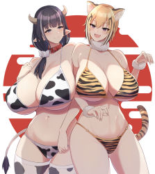 Rule 34 | 2021, 2022, 2girls, animal ear fluff, animal ears, animal print, bikini, blonde hair, blue eyes, breasts, brown hair, chinese zodiac, cleavage, collar, cow ears, cow girl, cow horns, cow print, cow tail, cowboy shot, female focus, fur collar, highleg, highleg bikini, horns, large breasts, multiple girls, navel, open mouth, original, print bikini, purple eyes, red collar, side ponytail, skindentation, smile, swimsuit, tail, thighhighs, tiger girl, tiger print, tiger tail, underboob, white background, year of the ox, year of the tiger, yukage