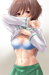 Rule 34 | 1girl, akiyama yukari, blush, bra, breasts, brown eyes, brown hair, clothes lift, covering own mouth, embarrassed, girls und panzer, green skirt, highres, kitayama miuki, lifting own clothes, lingerie, looking at viewer, navel, ooarai school uniform, pleated skirt, school uniform, shirt lift, short hair, skirt, small breasts, solo, underwear, upper body, white bra